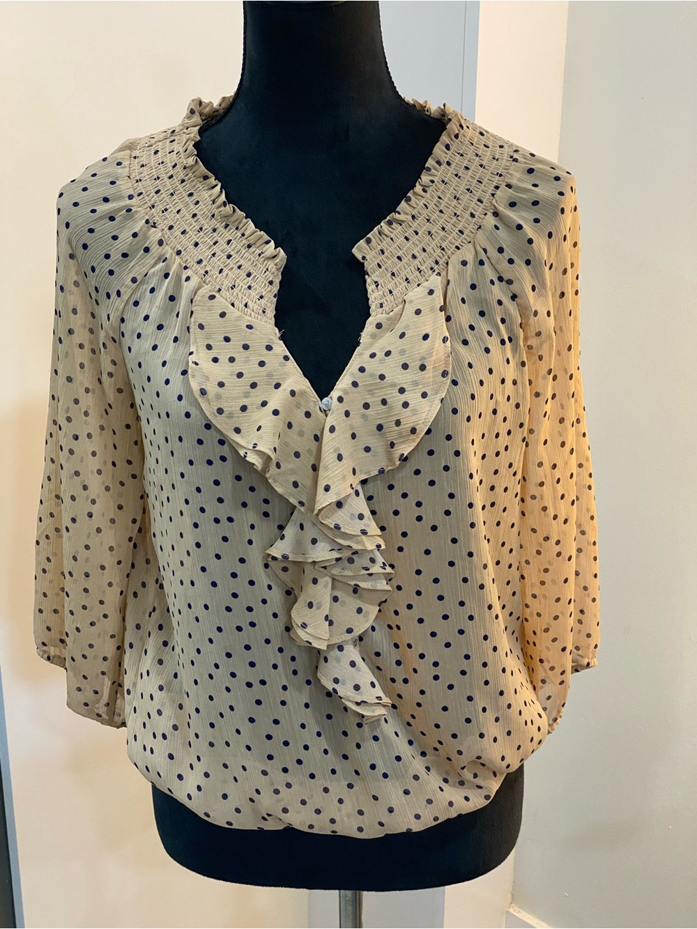 Old Navy Beige Blouse with Navy Polka Dots and Ruffle V-Neck